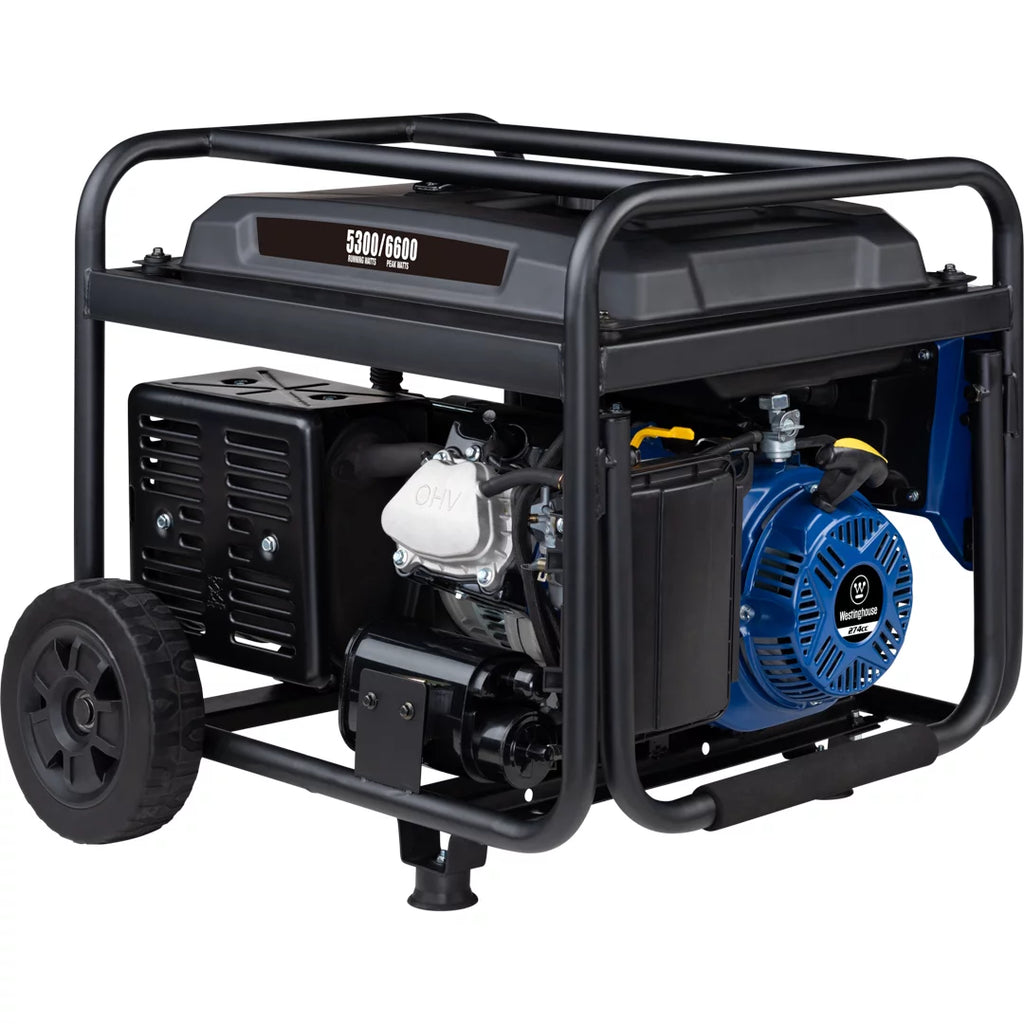 6600 Peak Watt Electric Start Portable Gas Powered Generator with CO Sensor and Wheel Kit W766