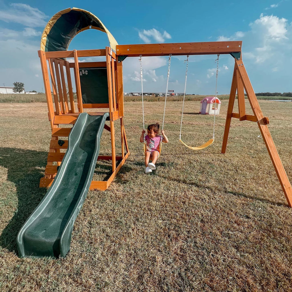 Wooden Outdoor Swing Set with Slide and Rock Wall C318