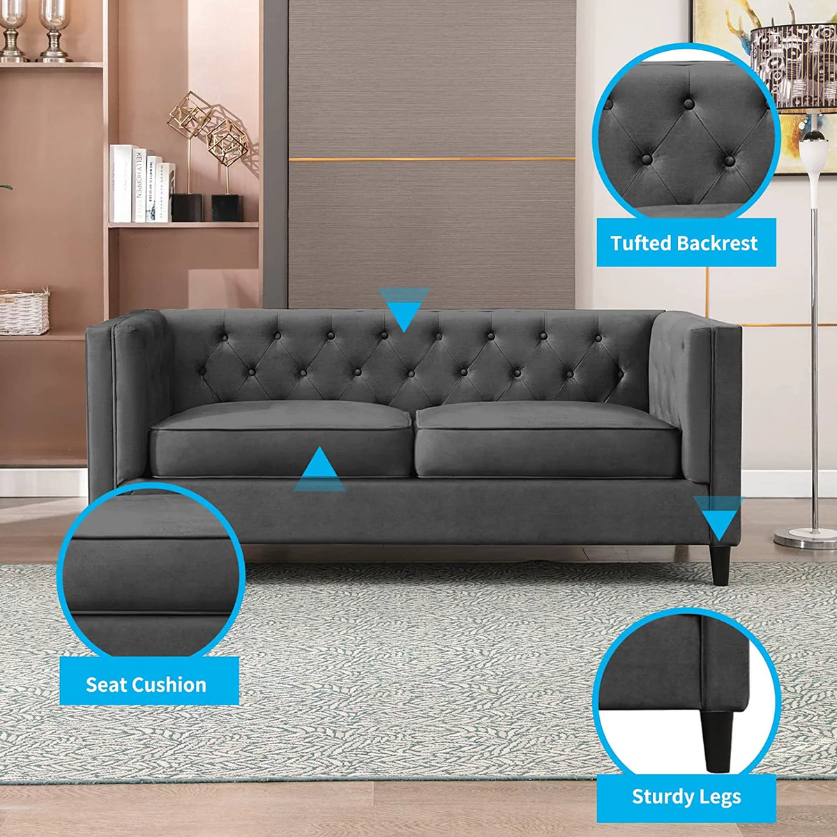 3 Seater Velvet Tufted Sleeper Sofa with Wood Legs Y6291