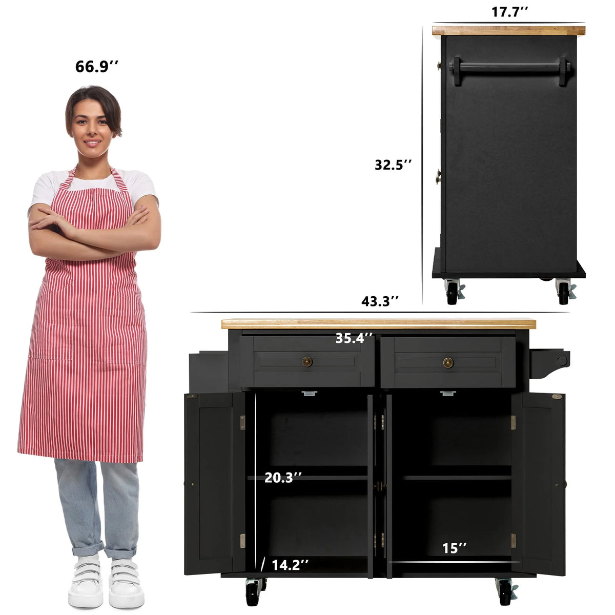 Rolling Kitchen Island with Rubber Wood Countertop and Lockable Casters D5504