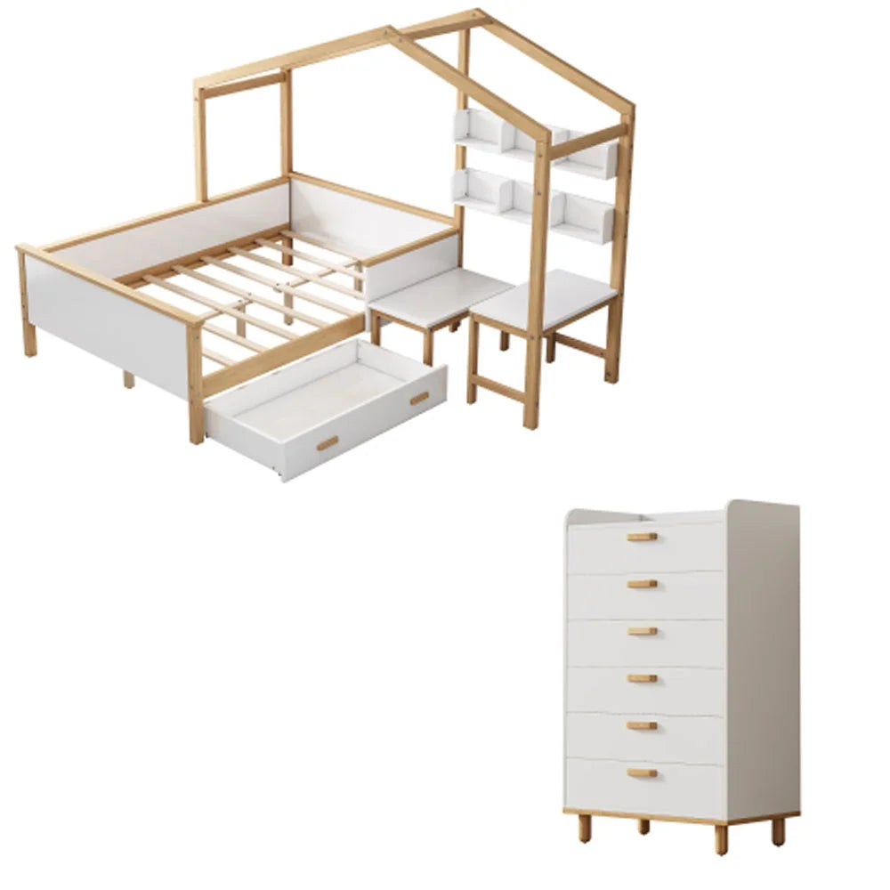 White Full Size Wooden House Bed with Desk and 6-Drawer Chest G988
