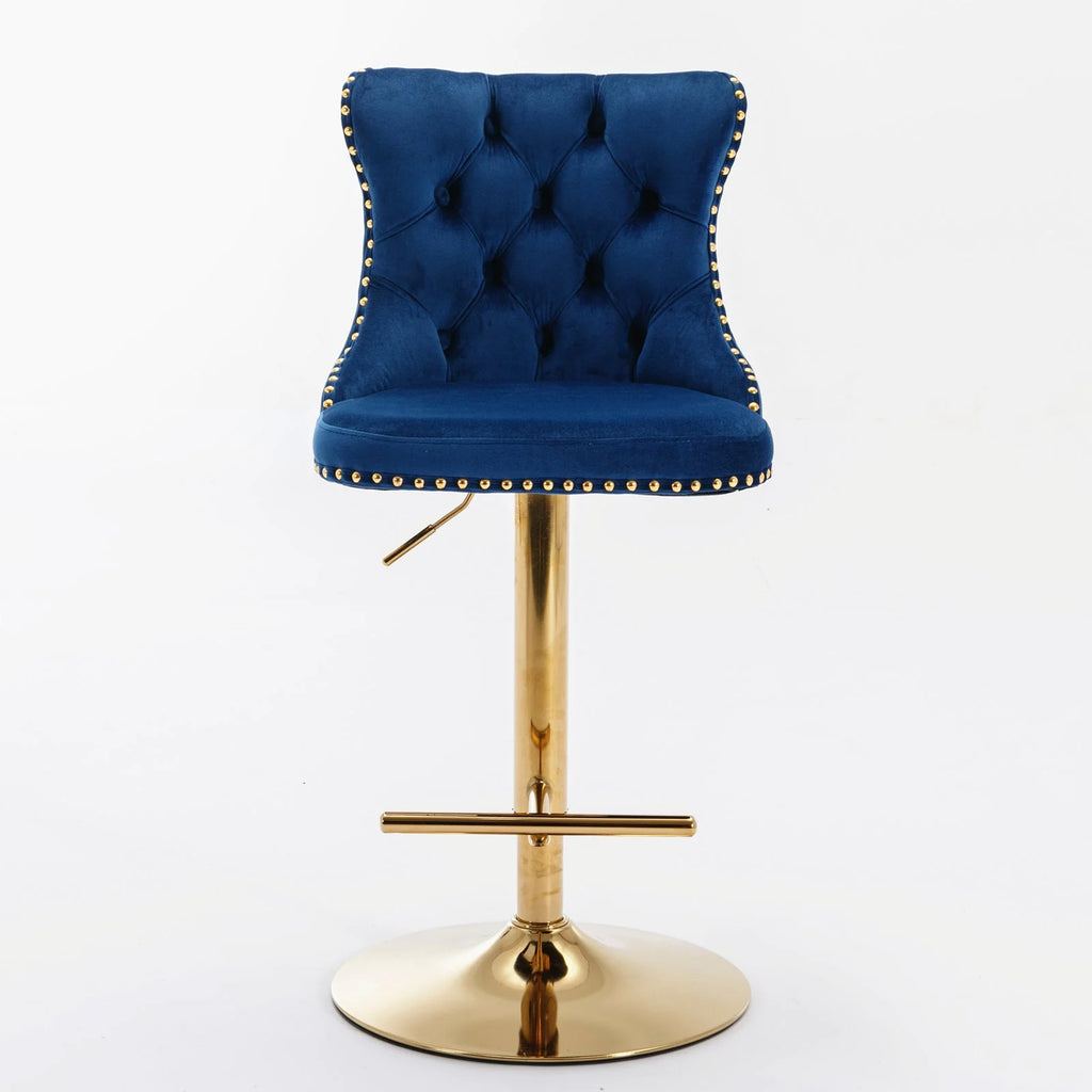 Golden Swivel Velvet Barstools Adjustable Height Blue Set of 2 T14200