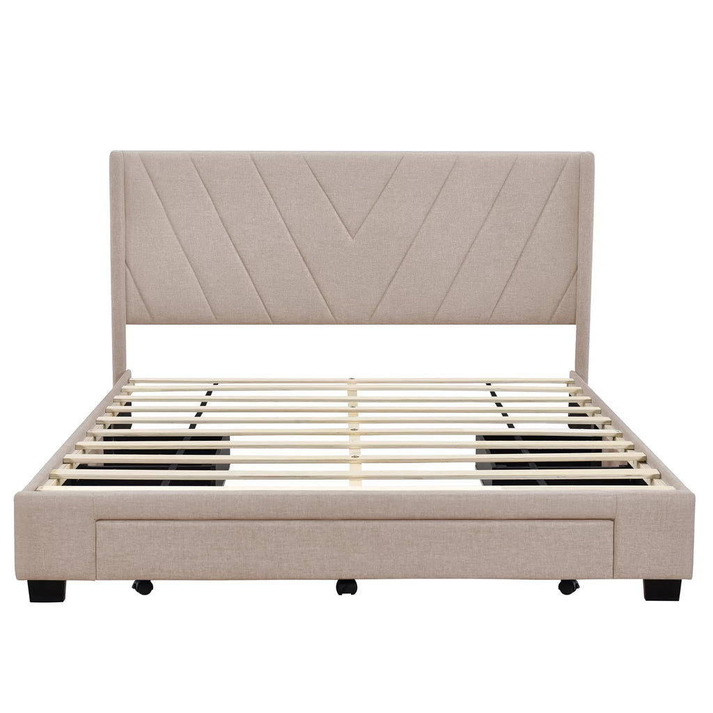 Queen Size Beige Upholstered Platform Bed Frame with Drawer T7392