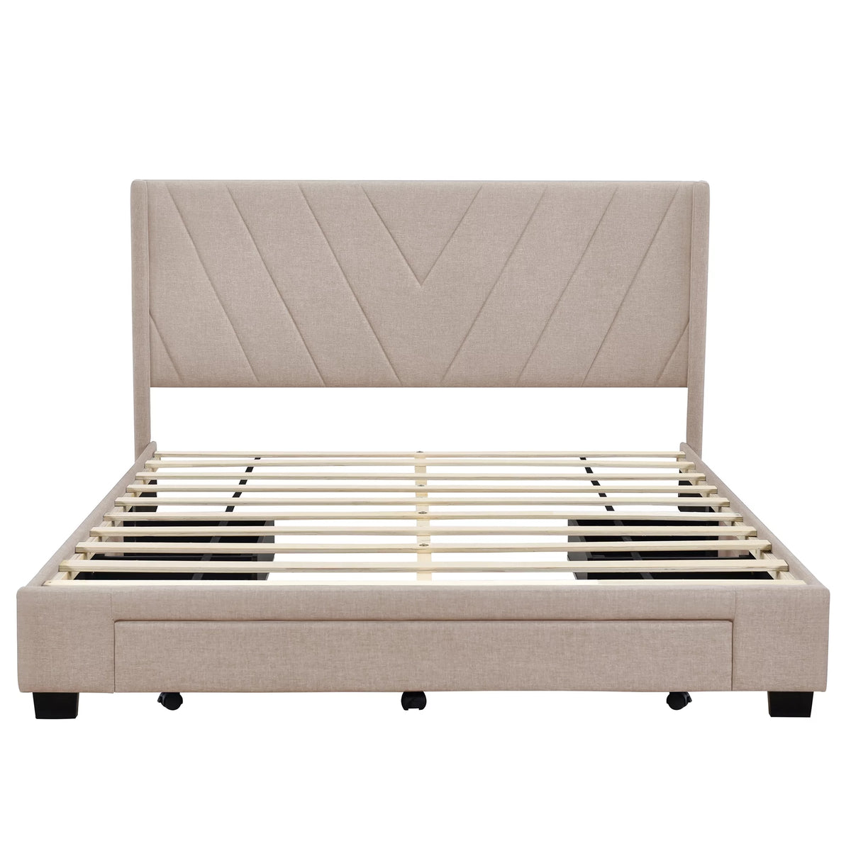 Queen Size Beige Upholstered Platform Bed Frame with Drawer T7392