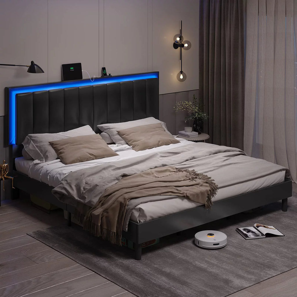 King Leather Upholstered Platform Bed with Charging Station and LED Lights Q405061