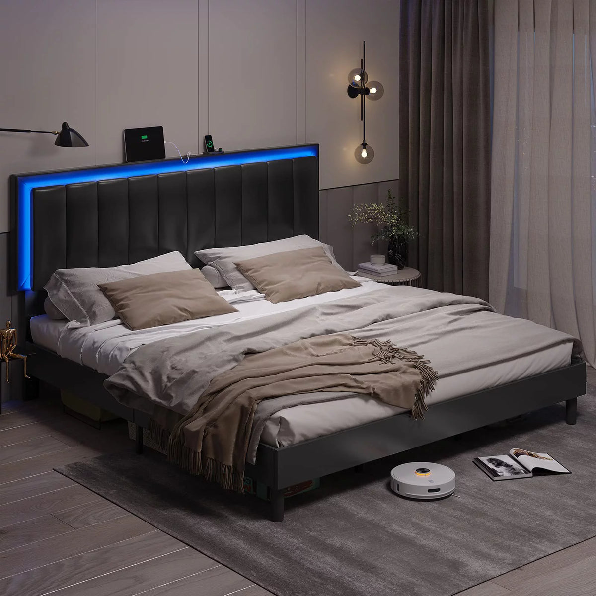 King Leather Upholstered Platform Bed with Charging Station and LED Lights Q405061