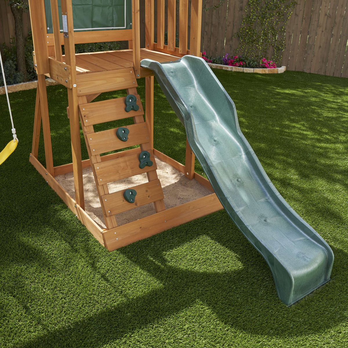 Wooden Outdoor Swing Set with Slide and Rock Wall C318