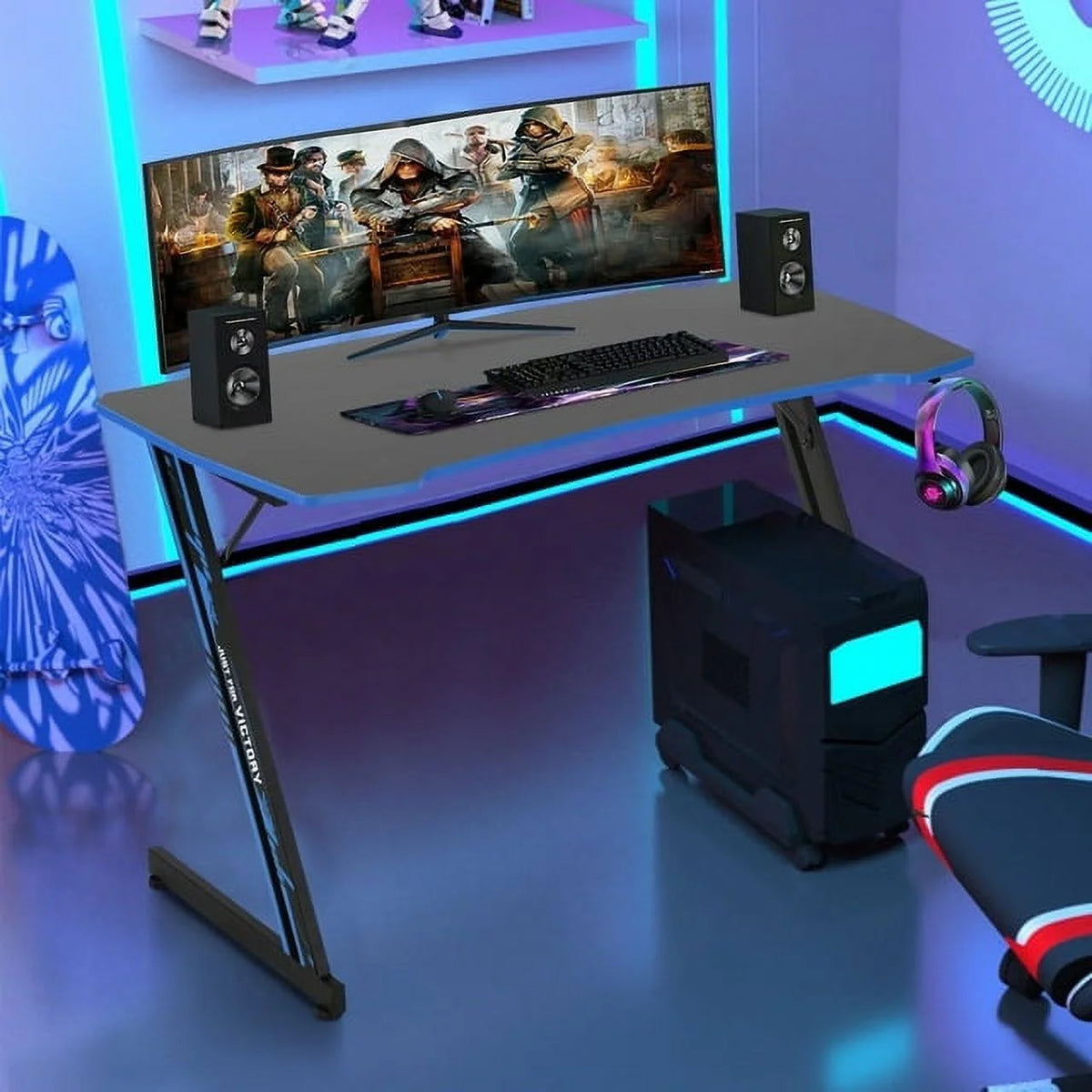 48 Inch Z-shape Gaming Desk with Headphone Hook F517704