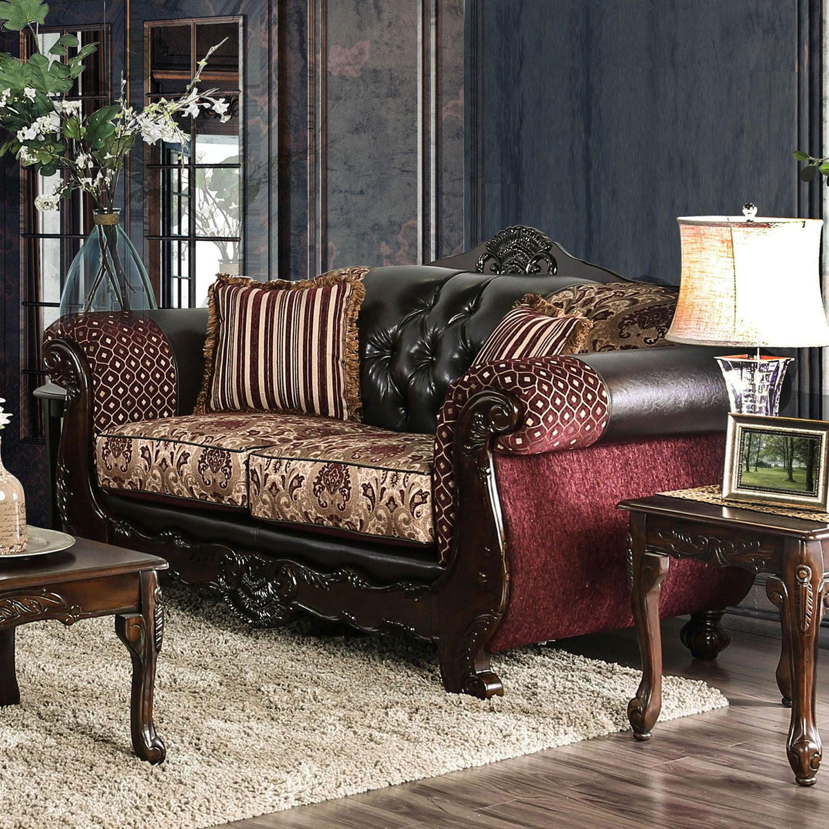 Burgundy Dark Brown Chenille Sofa and Loveseat L160