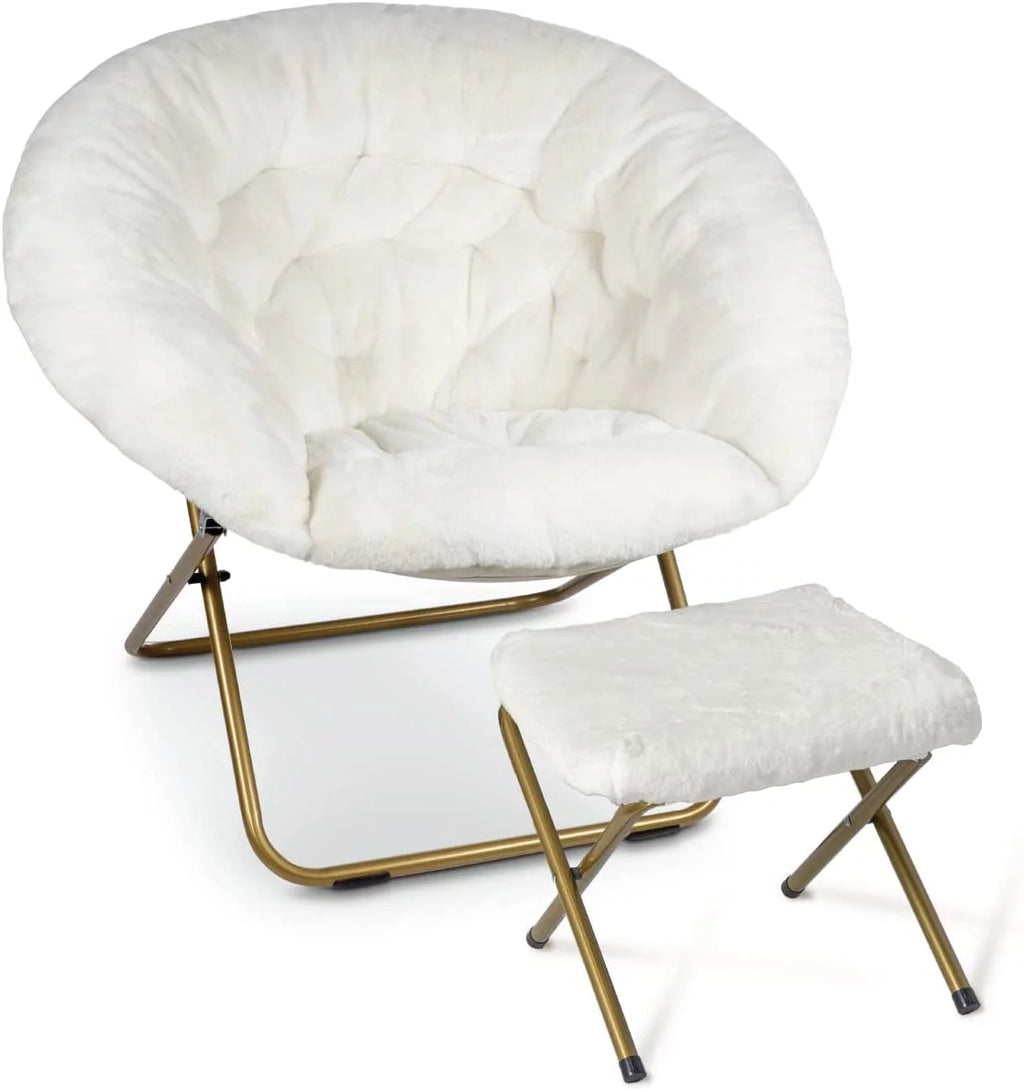 White Faux Fur Saucer Chair with Footrest S86146