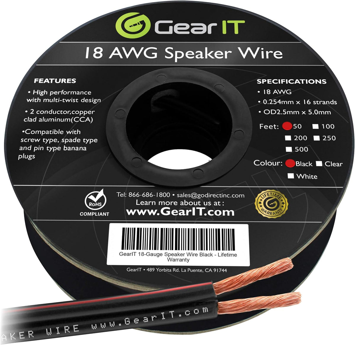 18AWG Speaker Wire Cable 100 Feet Black Pack of 2 D931