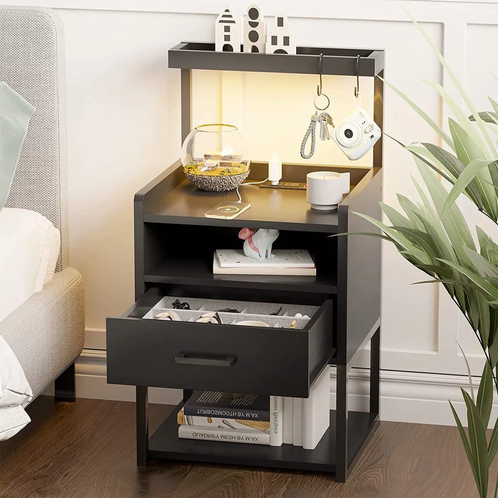 Black Set of 2 LED Nightstand with Charging Station and 1 Drawer M685192
