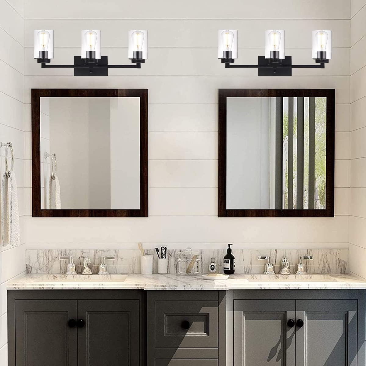 4 Light Matte Black Bathroom Light Fixtures 31.1 Inches Vanity Lighting with Glass Shade Y84342