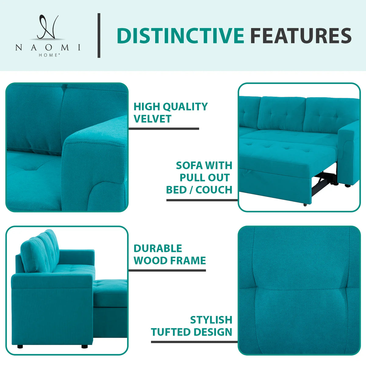 Teal Velvet Reversible Sleeper Sectional Sofa H812227
