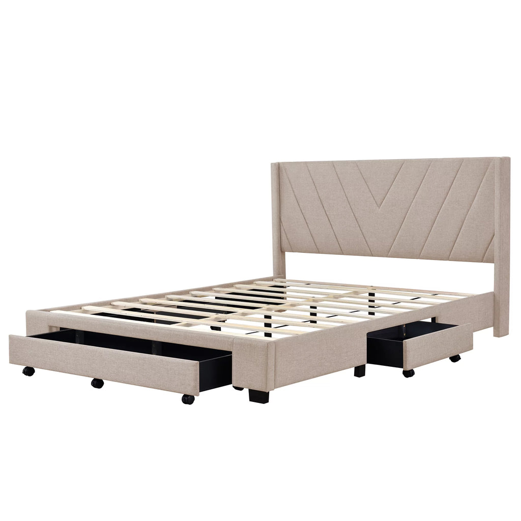 Queen Size Beige Upholstered Platform Bed Frame with Drawer T7392