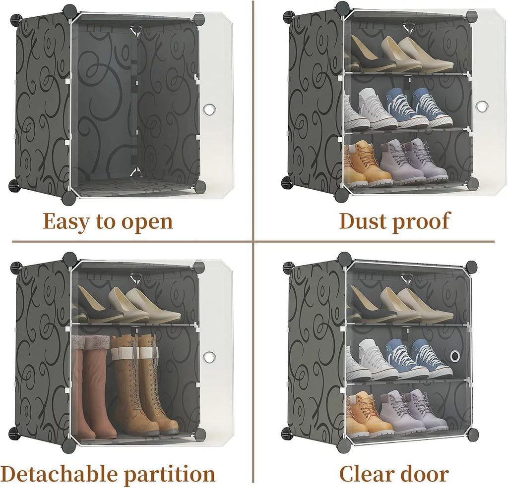 Portable Shoe Rack Organizer with Door, 36 Pair Plastic Shoe Storage Shelf, Black X494