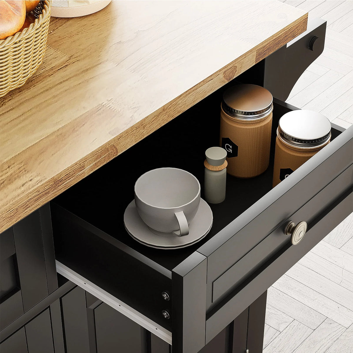 Rolling Kitchen Island with Rubber Wood Countertop and Lockable Casters D5504