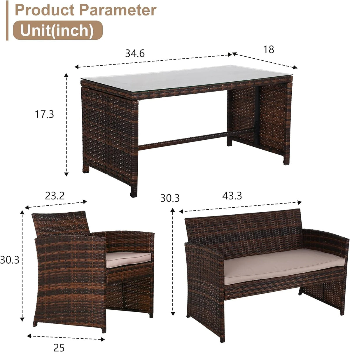 Brown 4 Pieces Wicker Outdoor Patio Furniture Set M3102