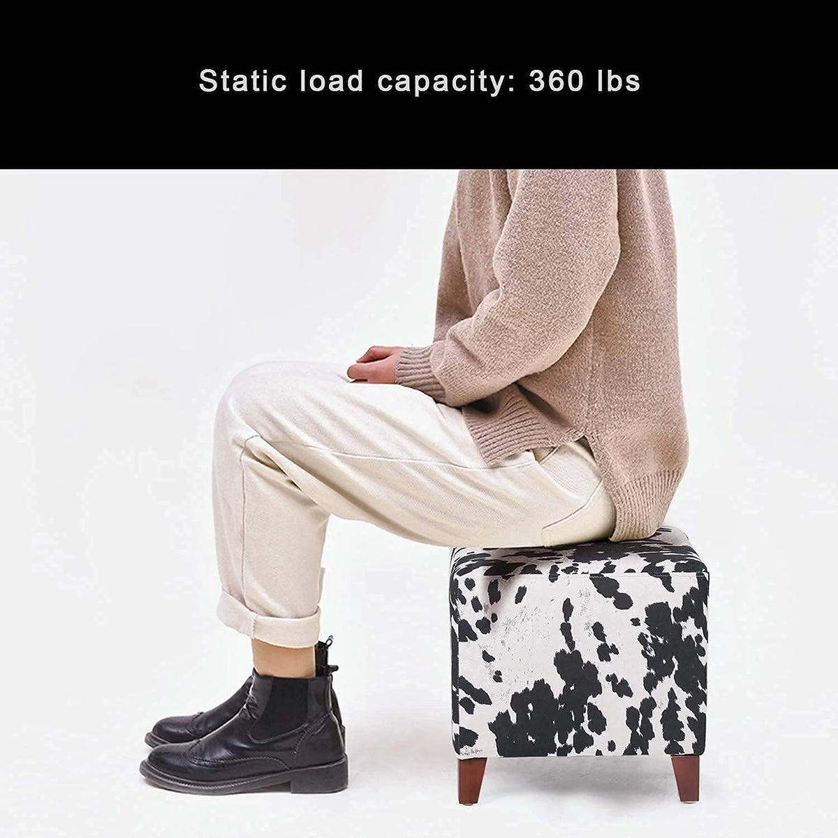 Square Ottoman With Wooden Legs Fabric Footrest O9802
