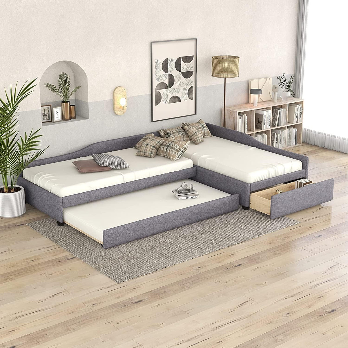 Upholstered L-Shaped 2 Beds with Trundle and Storage Drawer Grey O746305