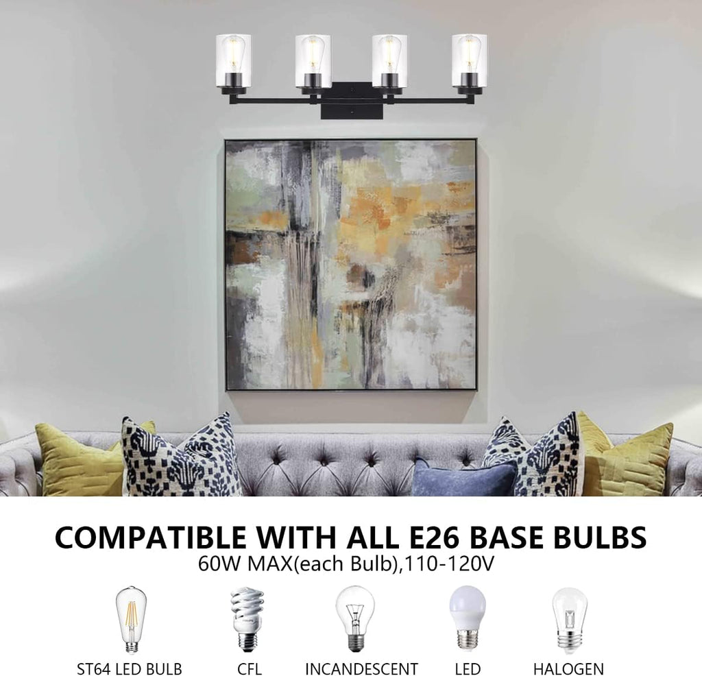 4 Light Matte Black Bathroom Light Fixtures 31.1 Inches Vanity Lighting with Glass Shade Y84342