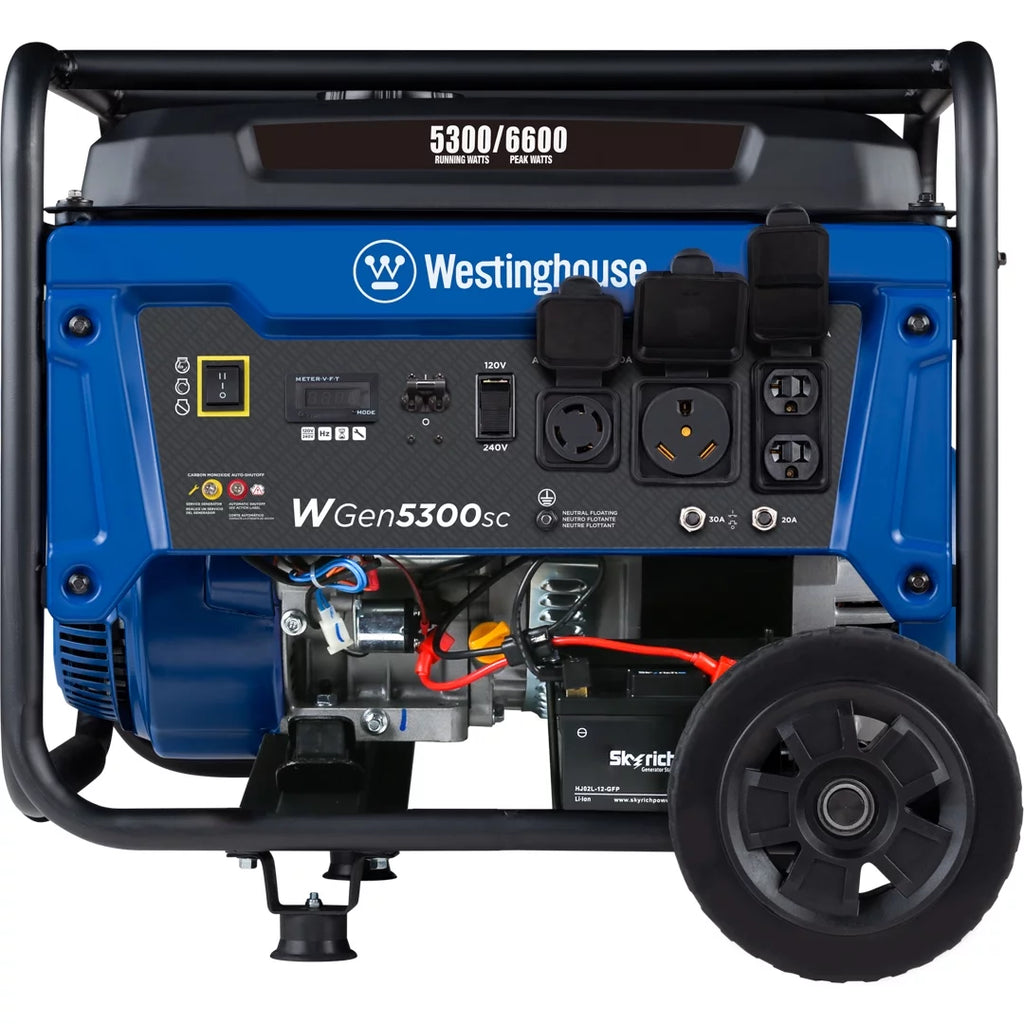 6600 Peak Watt Electric Start Portable Gas Powered Generator with CO Sensor and Wheel Kit W766