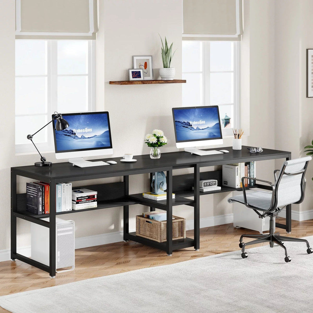 Computer Double Desk with Bookshelf, Black W8566