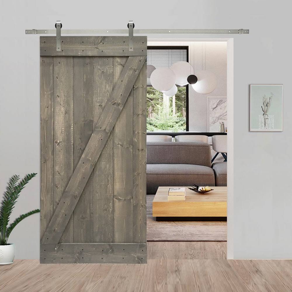 24 in. x 84 in. Gray Stained Solid Knotty Pine Wood Interior Sliding Barn Door with Hardware Kit B716