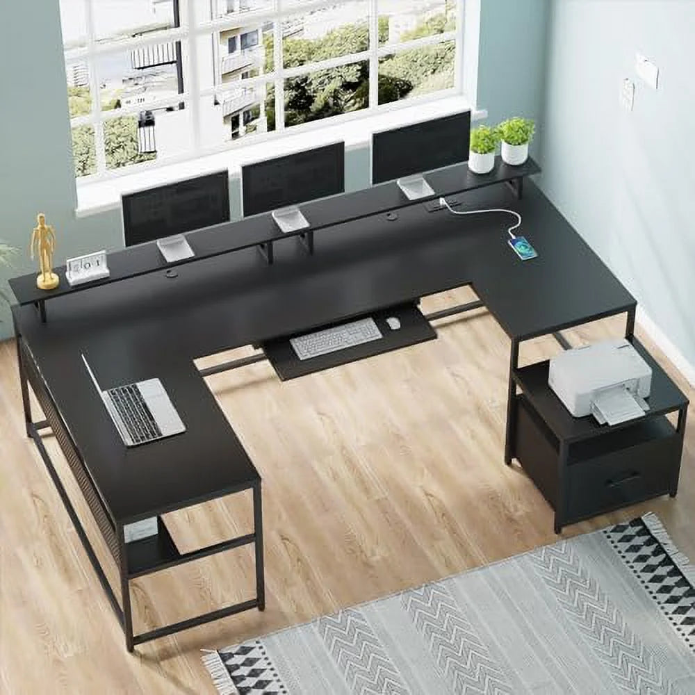 U Shaped Reversible L Shaped Office Desk with File Drawer V468
