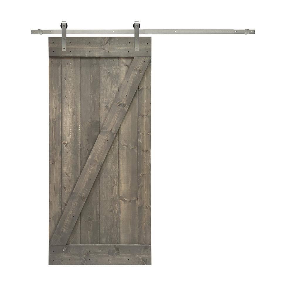 24 in. x 84 in. Gray Stained Solid Knotty Pine Wood Interior Sliding Barn Door with Hardware Kit B716