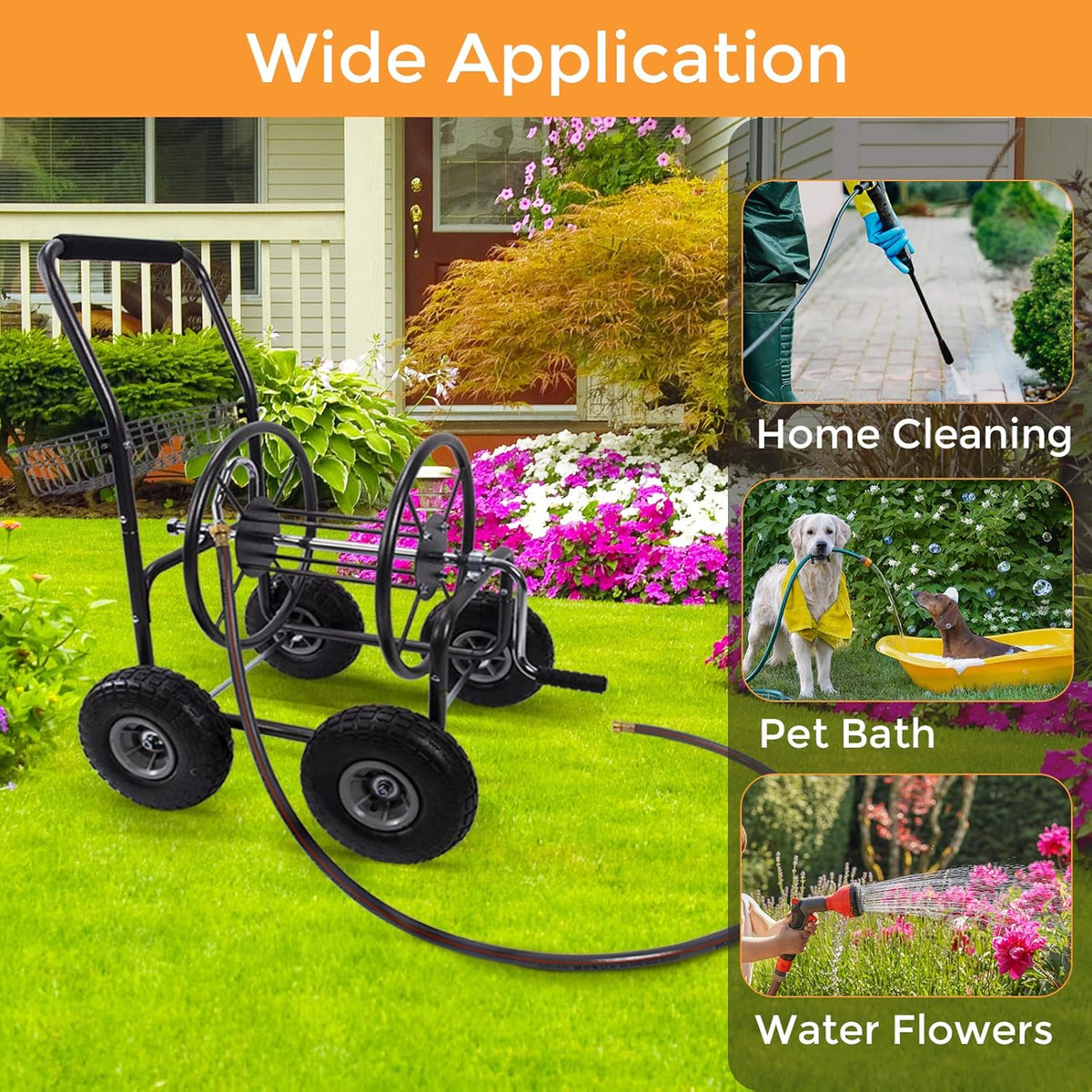 Garden Hose Reel Cart with 4 Wheels, 250-Feet Capacity Q629682