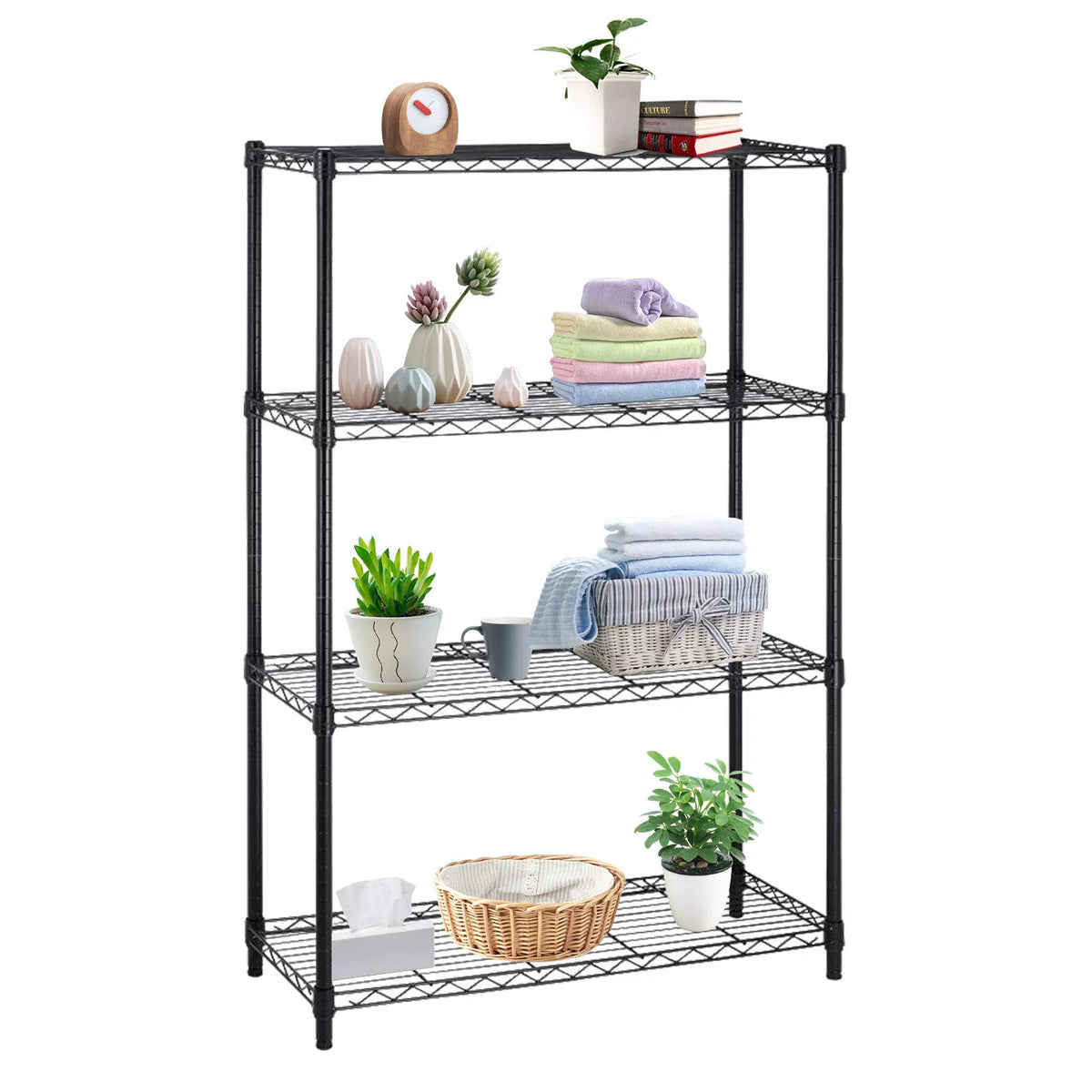 4 Tier Heavy Duty Adjustable Metal Shelving Unit with Wheels, Black K321
