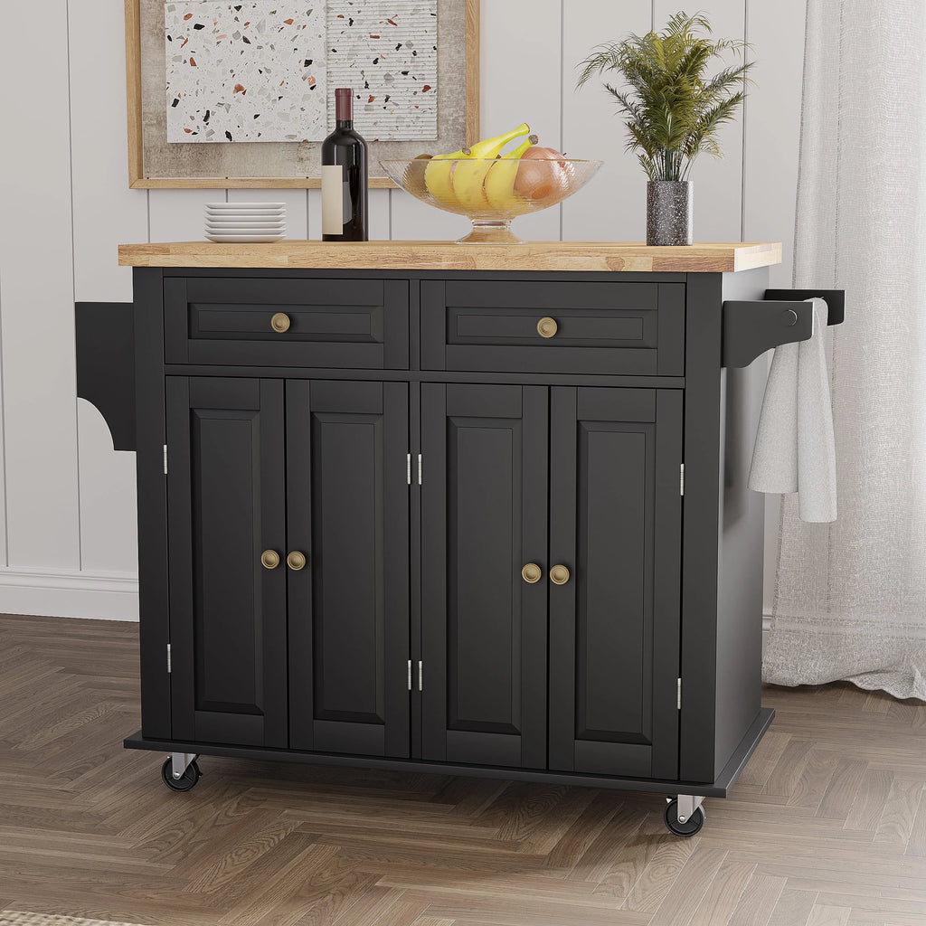 Rolling Kitchen Island with Rubber Wood Countertop and Lockable Casters D5504