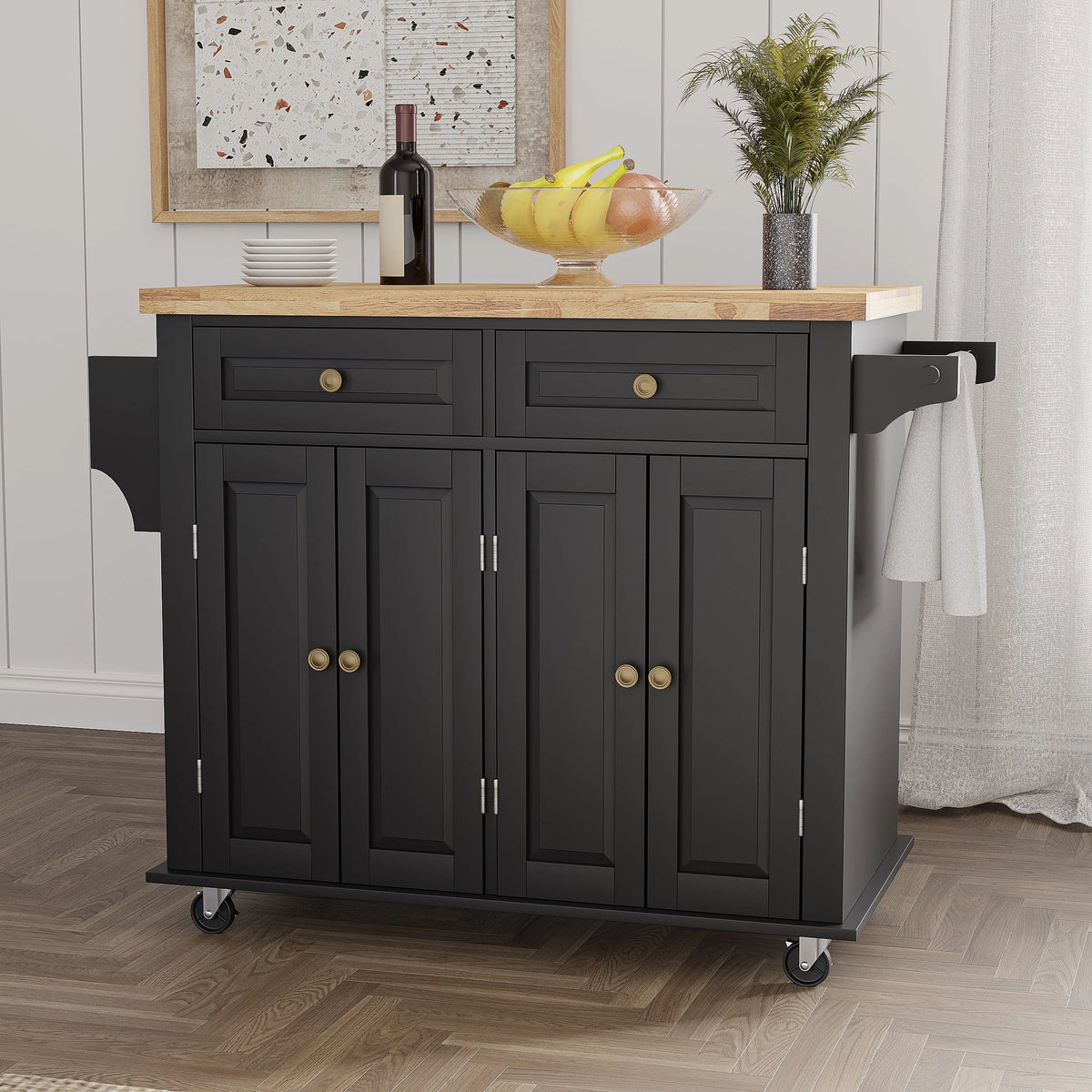 Rolling Kitchen Island with Rubber Wood Countertop and Lockable Casters D5504