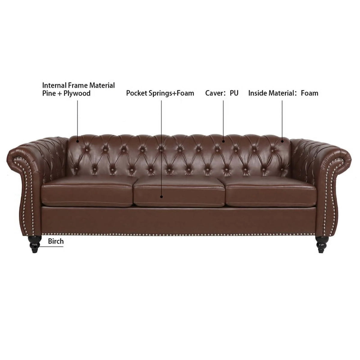 Brown PU Rolled Arm Chesterfield Three Seater Sofa P164