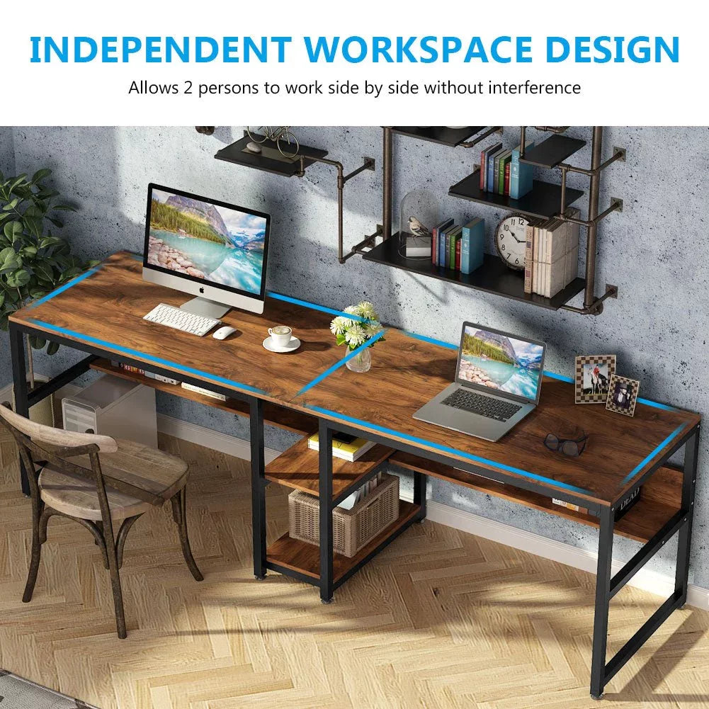 Computer Double Desk with Bookshelf, Black W8566