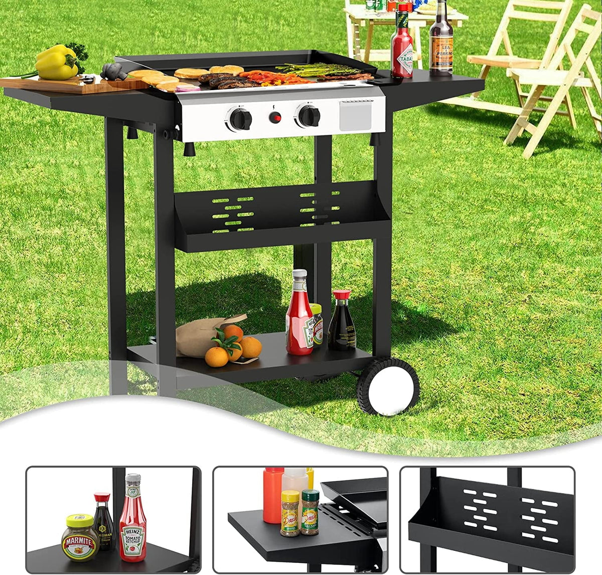 3 Burner Propane Gas Griddle with Side Shelves L5941