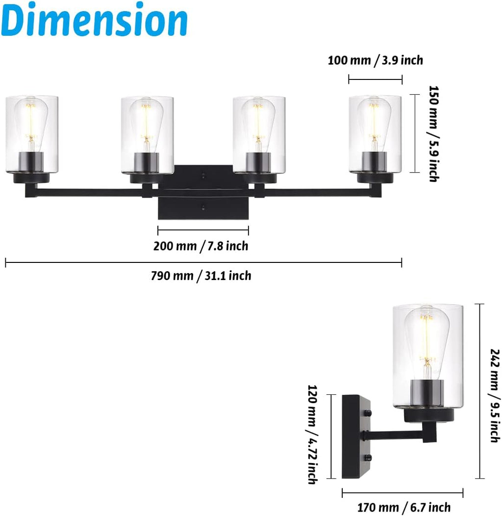 4 Light Matte Black Bathroom Light Fixtures 31.1 Inches Vanity Lighting with Glass Shade Y84342