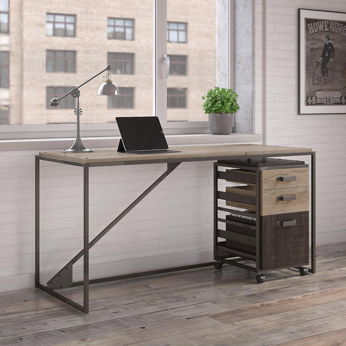 62W Industrial Desk with 3 Drawer File Cabinet Q66773