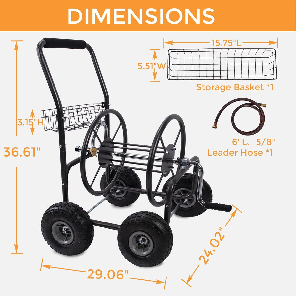 Garden Hose Reel Cart with 4 Wheels, 250-Feet Capacity Q629682
