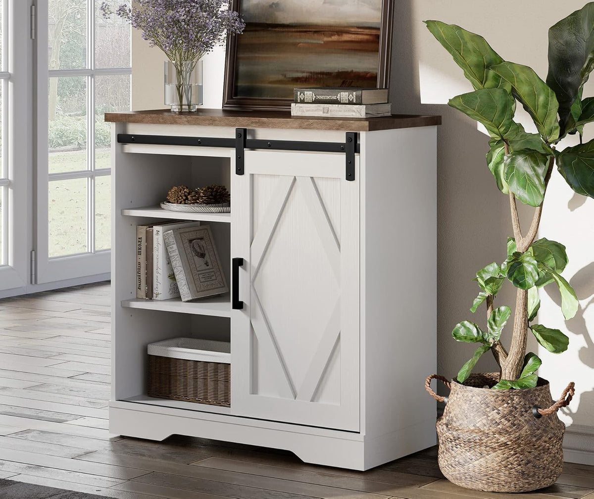 White Sliding Barn Door Buffet Sideboard Cabinet C380945