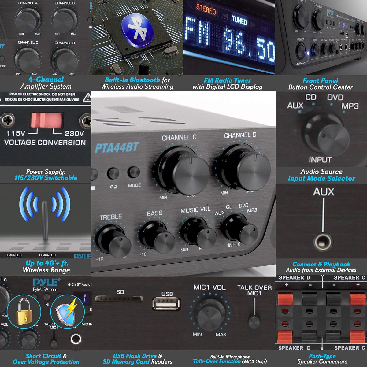 500W 4 Channel Bluetooth Amplifier with USB FM AUX Z677949