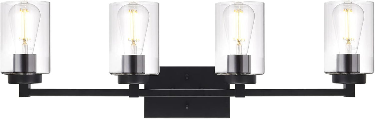 4 Light Matte Black Bathroom Light Fixtures 31.1 Inches Vanity Lighting with Glass Shade Y84342