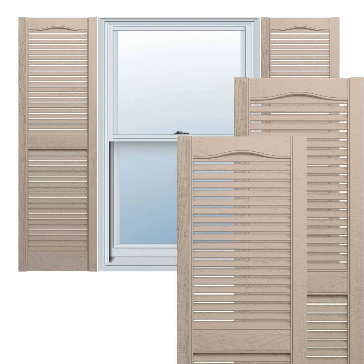 12 in. x 53 in. Vinyl Cathedral Top Center Mullion Open Louvered Shutters Pair W333
