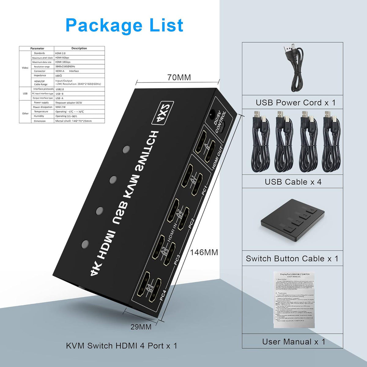 4 Port Dual Monitor HDMI KVM Switch 4K@60Hz O51628