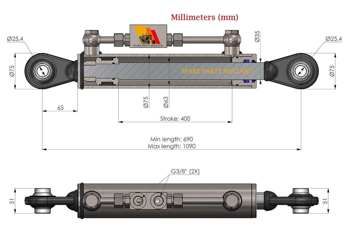 Hydraulic Top Link Cat. 2-2 with Locking Block T130