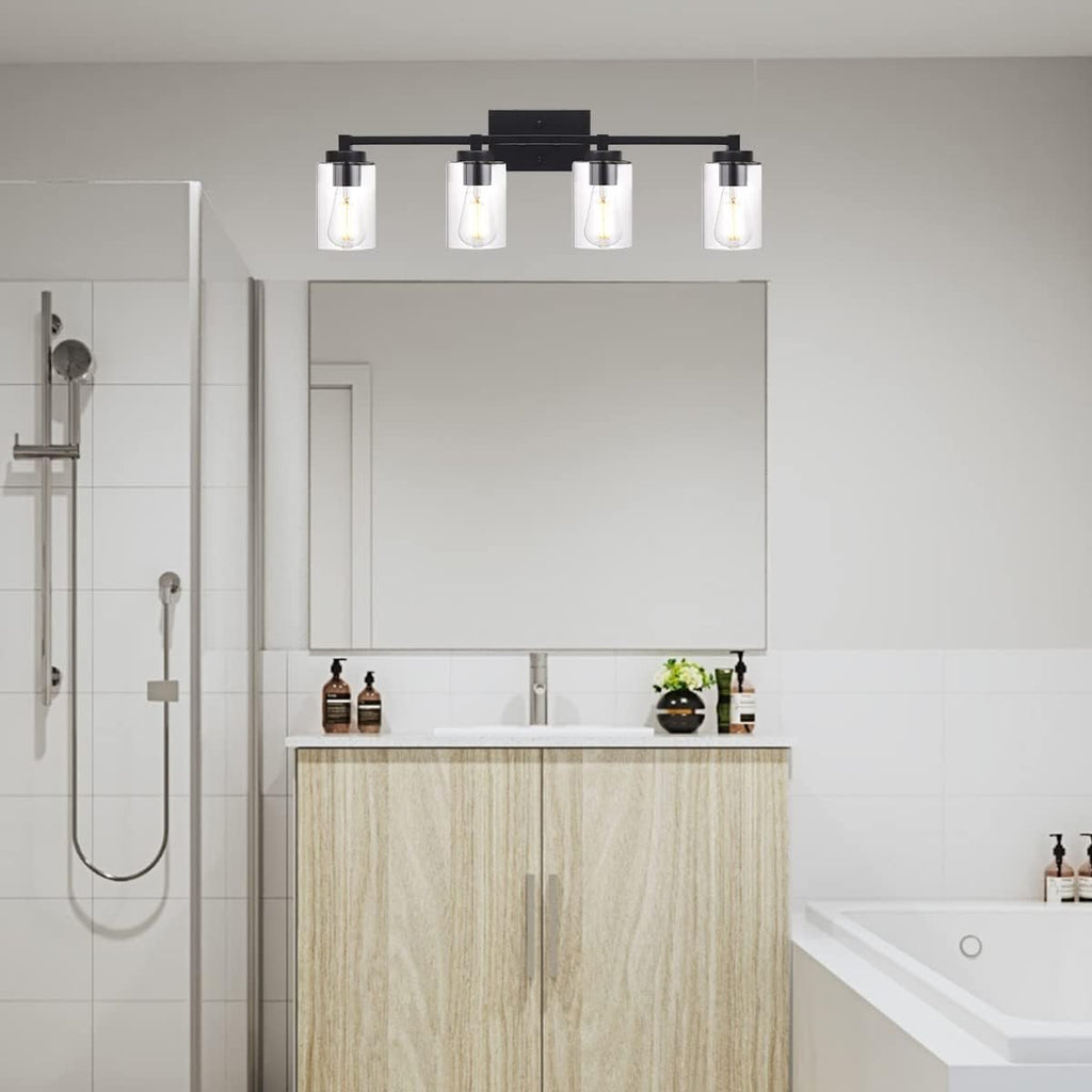 4 Light Matte Black Bathroom Light Fixtures 31.1 Inches Vanity Lighting with Glass Shade Y84342