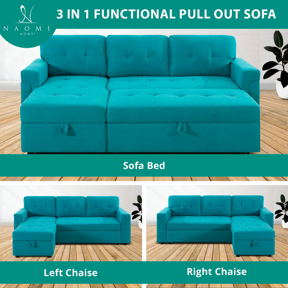Teal Velvet Reversible Sleeper Sectional Sofa H812227