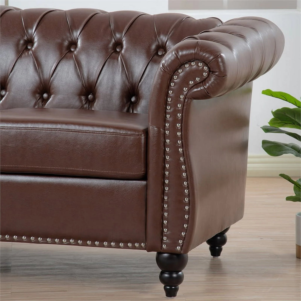 Brown PU Rolled Arm Chesterfield Three Seater Sofa P164