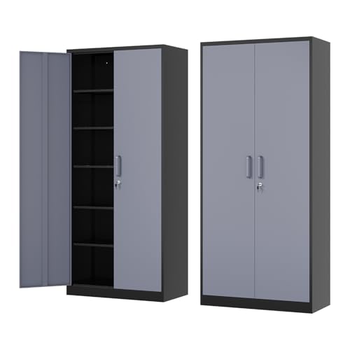 Black Steel Storage Cabinet with Lockable Doors and Adjustable Shelves W7826